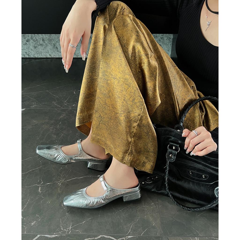 Sheepskin version~ Runaway sandals bag head thick heel slippers women's summer one pedal Mary Jane Muller single shoes half drag outside