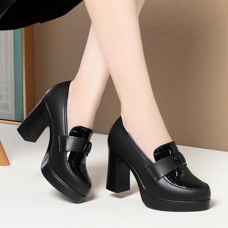 Spring and Autumn New Mother Shoes Thick Heel Waterproof Table Deep Mouth Single Shoes High Heels Thick Sole Heightening Women's Leather a Generation
