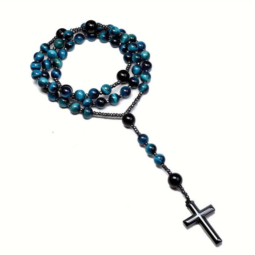 Natural Light Blue Tiger Eye Onyx Catholic Christ Rosary Necklaces Bead Long for Men Hematite Cross Pendant Necklace Meditation
