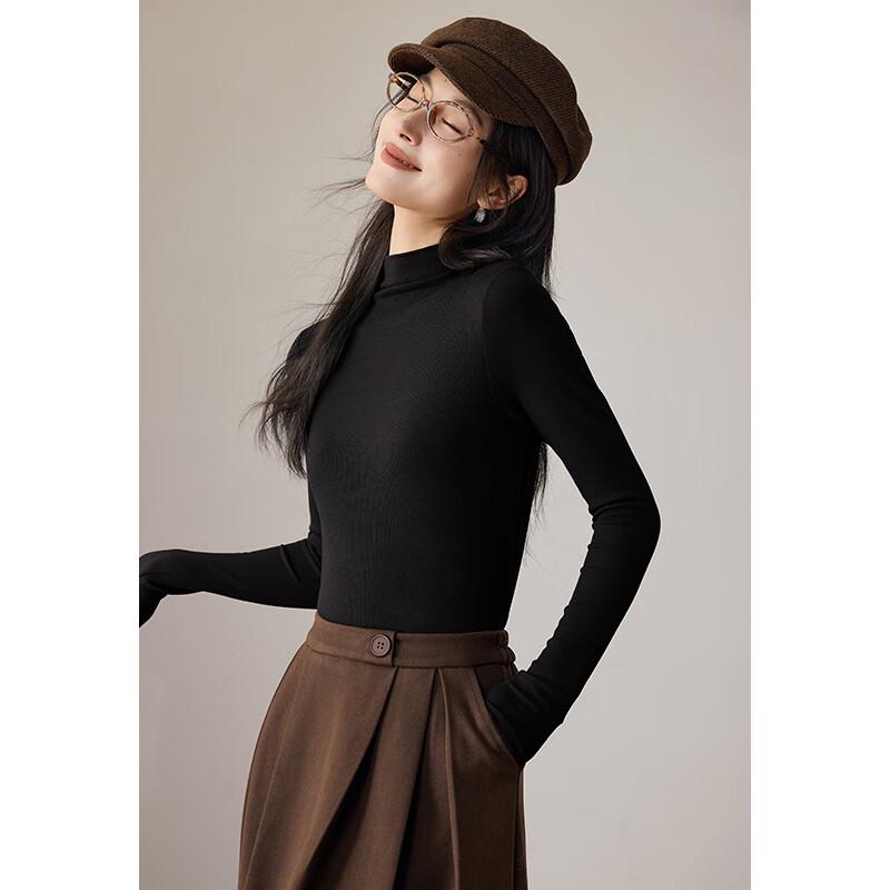 VICTORIA&VERA Women's Silk-Blend Semi-High Collar Long-Sleeve Base Layer