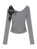 Chic Korean Grey One-Shoulder Bow T-shirt for Women - Sweet and Spicy Spring/Autumn Style