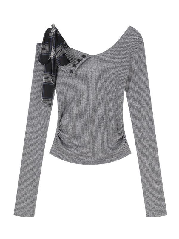 Chic Korean Grey One-Shoulder Bow T-shirt for Women - Sweet and Spicy Spring/Autumn Style