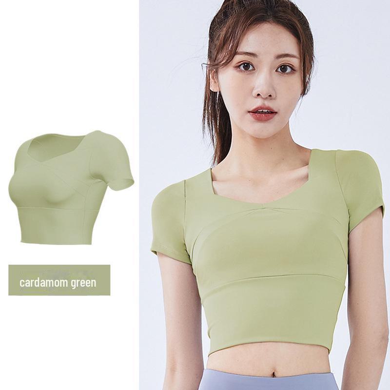 Juyitang Splicing Yoga-Kurzarm-Top mit Brustpolster – Hautfarbenes Slim Fit Fitness-Shirt