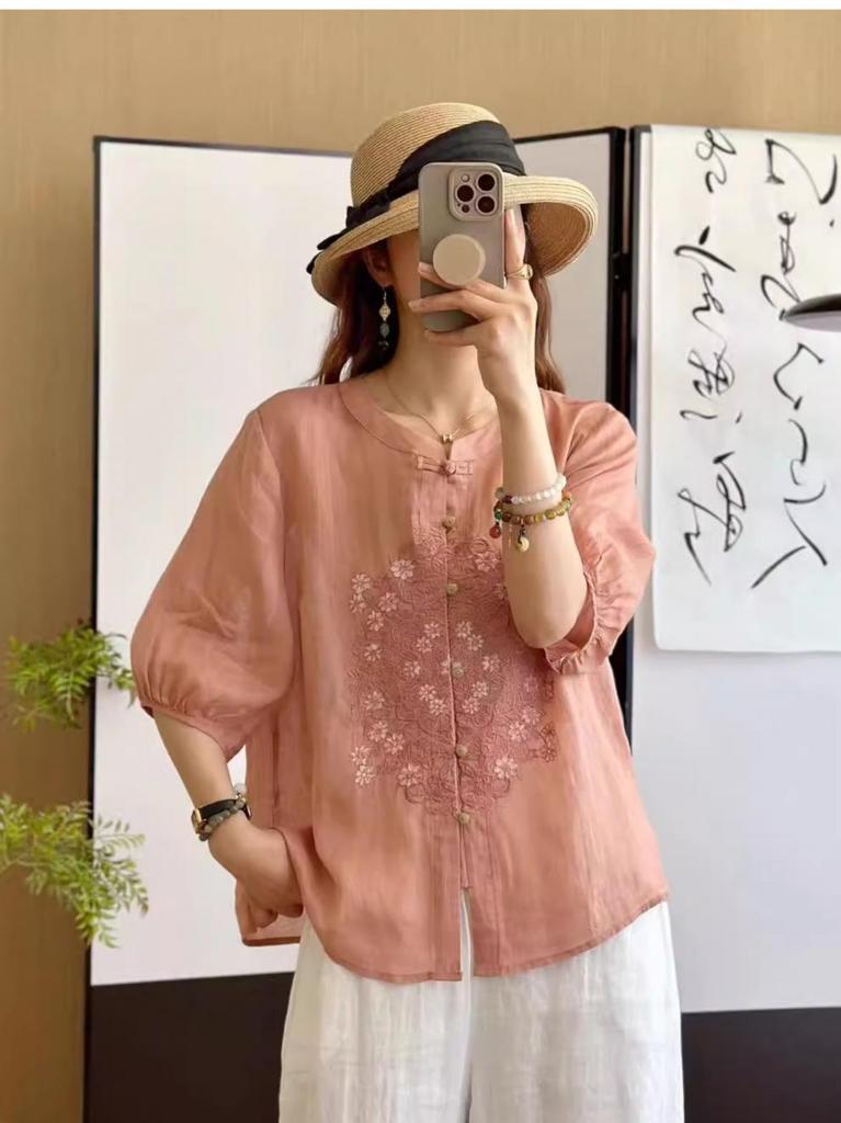 New Chinese Cotton and Linen Embroidered Shirt Women's Summer New Loose Stand-up Collar Single-row Bead Buckle Loose Top