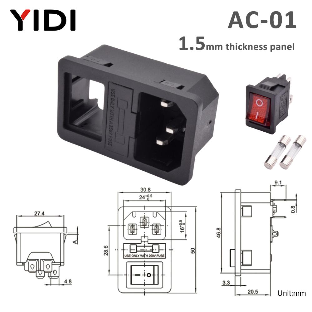 IEC 320 C13 C14 Inlet Power Plug Socket Rewirable 3 Pin Electrical Male Female Connector with Red Lamp Rocker Switch 10A Fuse
