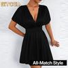 Women's Fashion Summer Spring Solid Color Print V-Neck Short Sleeve Casual Dresses