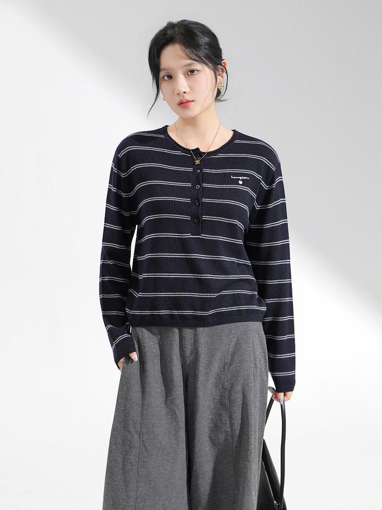 Women's Long Sleeve Merino Wool Striped Base Layer T-shirt, Autumn/Winter Outerwear or Innerwear, Cardigan Top.
