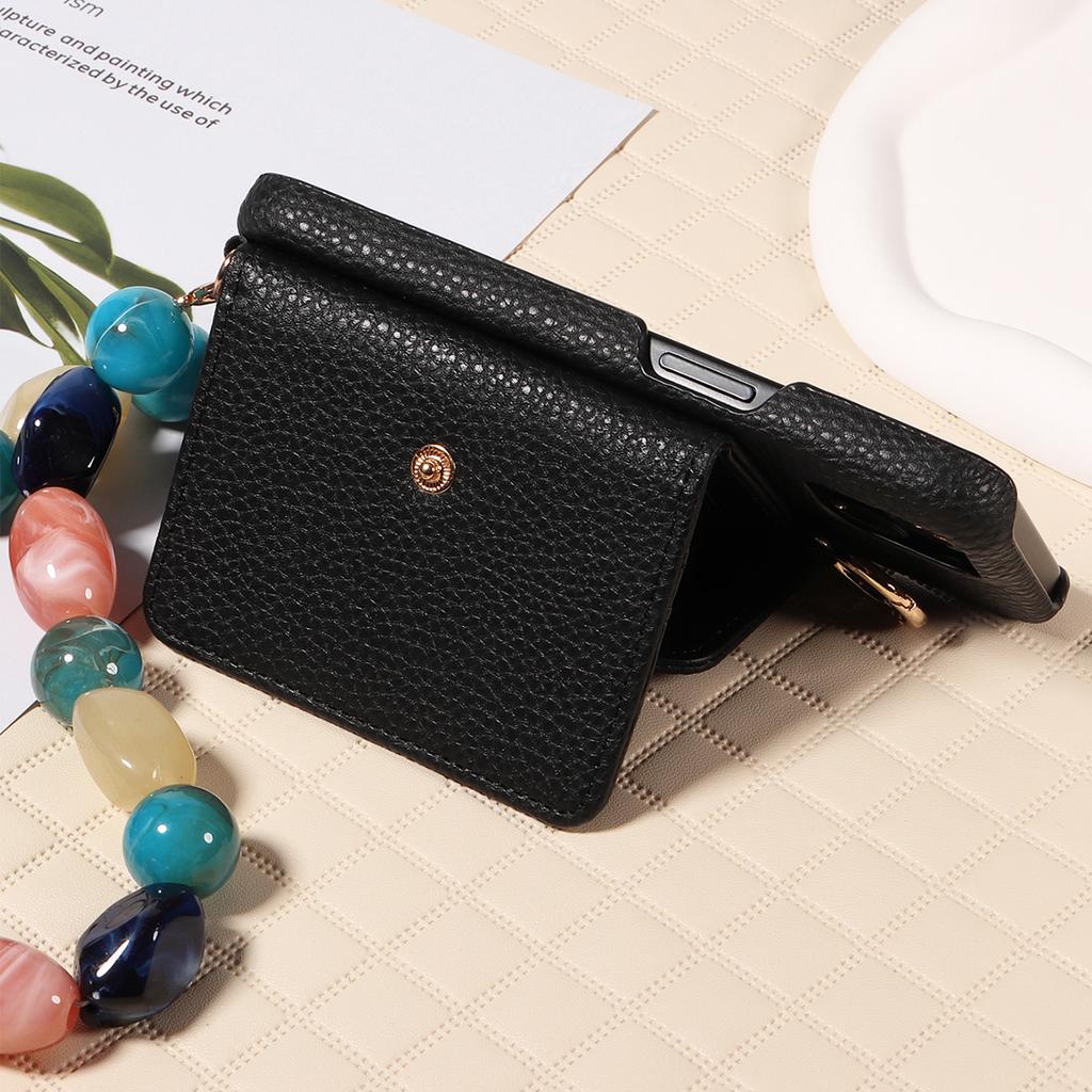 Faux Leather Colored Stone Cord Phone Case for IPhone16 15 14 13 12 11 Pro Max 7 8 Series with Mirror, Card Slot, Stand Function