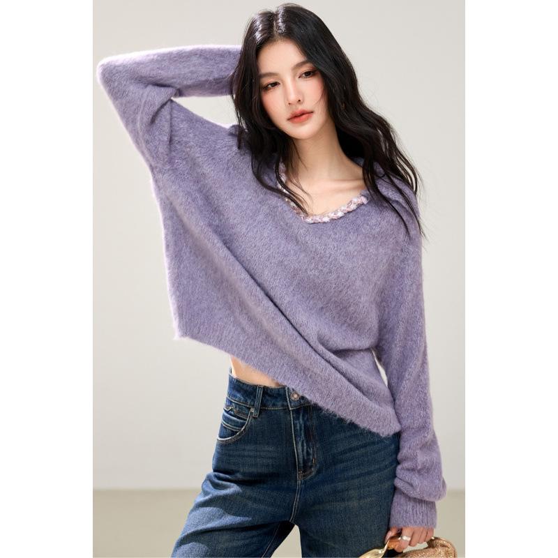 Autumn/Winter 2026 French Purple Knit Lapel Sweater