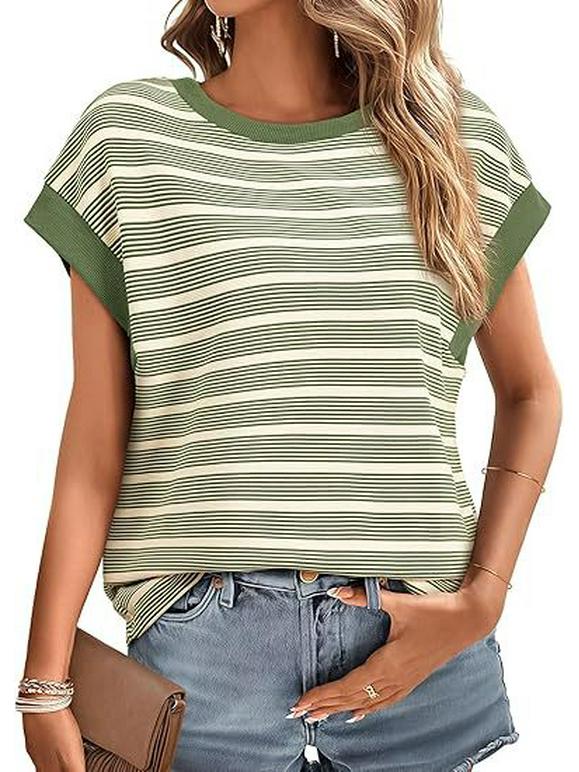 Dámské pruhované volné pletené tričko 2025: Evropská a americká móda, léto/jaro s kulatým výstřihem