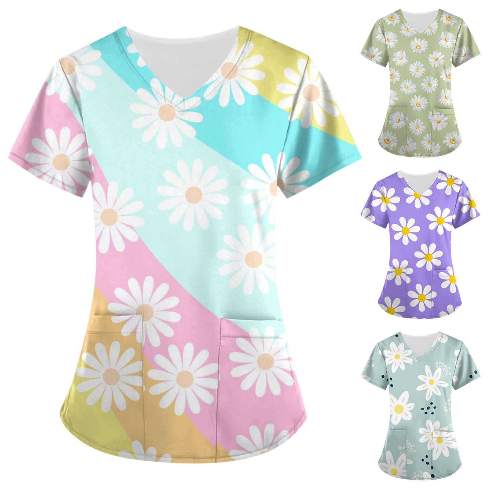 

Женский модный топ с цветочным принтом, V-образным вырезом, короткими рукавами, рабочая одежда с карманами, топы с принтом, футболки
