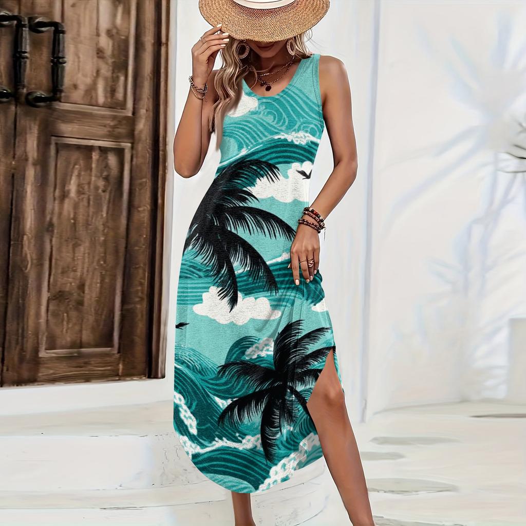 Women’s Sleeveless Hawaiian Print Long Casual Dress Loose Fit Maxi Dresses for Women Summer Dresses for Women Sundresses for Women
