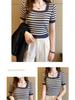 2025 Summer Women's Slim Fit Short Sleeve Striped Ice Silk Knit Top with Square Neck