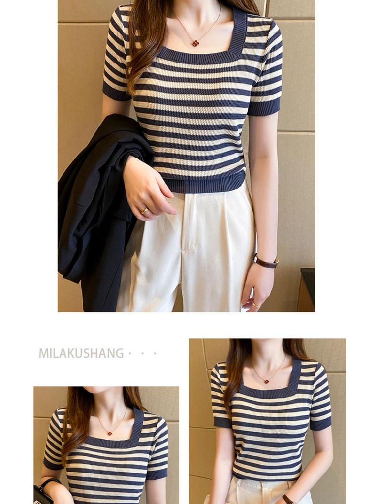 2025 Summer Women's Slim Fit Short Sleeve Striped Ice Silk Knit Top with Square Neck