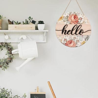 Vintage Hello Sign for Front Door, Boho Hello Door Sign with Flowers, Colorful Floral Welcome Wooden Hanging Sign Decor for Christmas Holiday Festivel