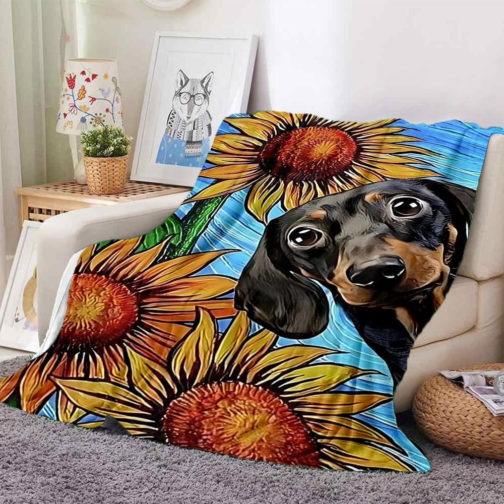 1PC Sunflower Dachshund Print Blanket, Throw For Sofa, Bed, Travel, Printing Blanket With Soft And Warm Fabric yy250918167