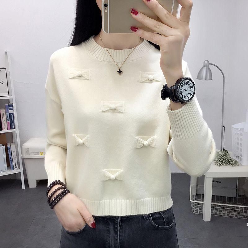 Women's Knitted Top Autumn Winter Korean Style Loose Sweater Crew Neck Pullover Long Sleeve Short Length Base Layer Upper Garment
