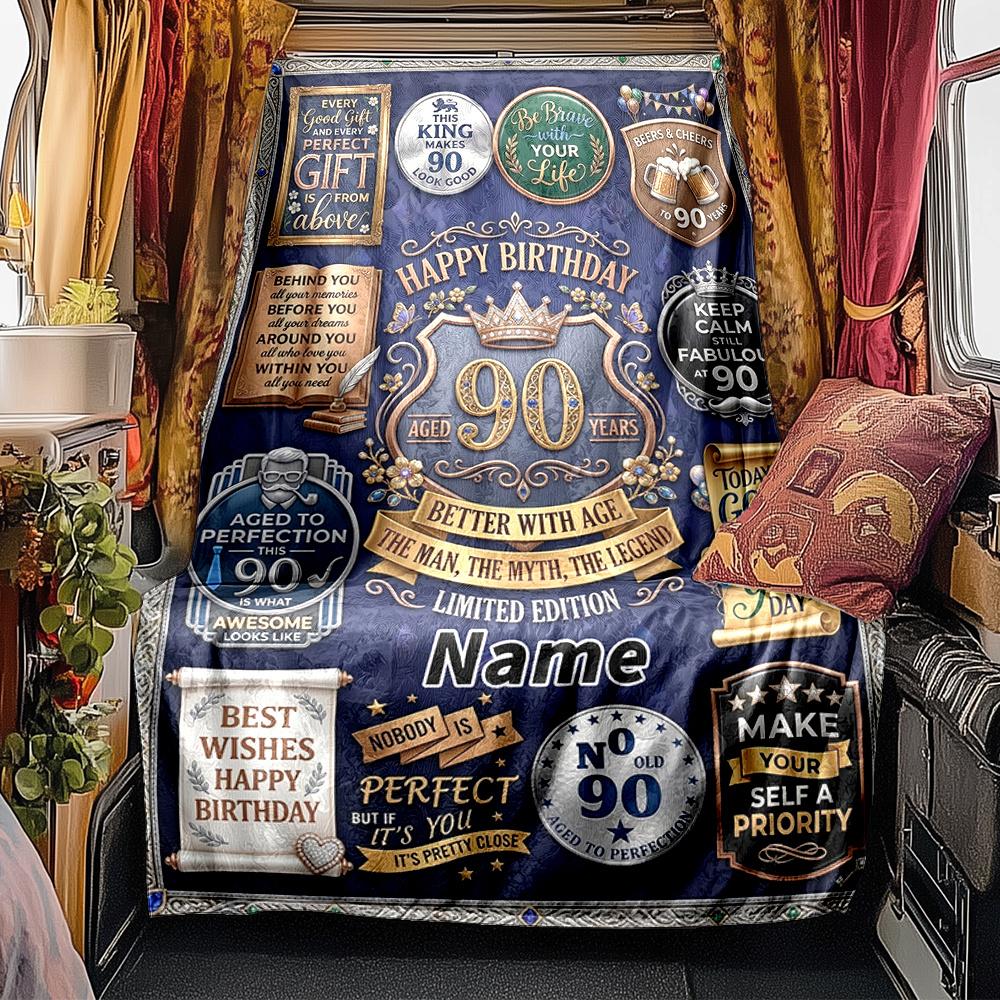 Elegant 90Th Birthday Celebration Poster Design Blanket Personalized Name Soft Comfortable Stylish Blanket Car Blanket Perfect For Travel Camping