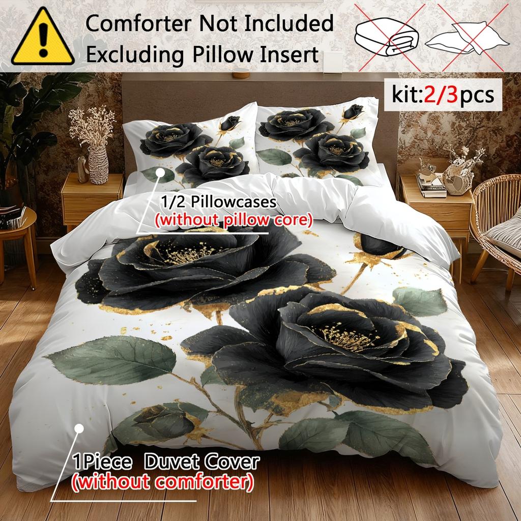 White Duvet Cover Set with Black Rose Golden Print Comfortable Bedroom Home Decor Bedding Collection