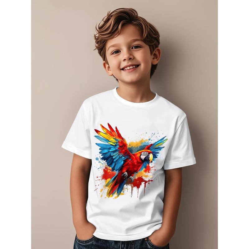 Children Crew Neck Short Sleeve T-Shirt with Watercolor Parrot Print 110