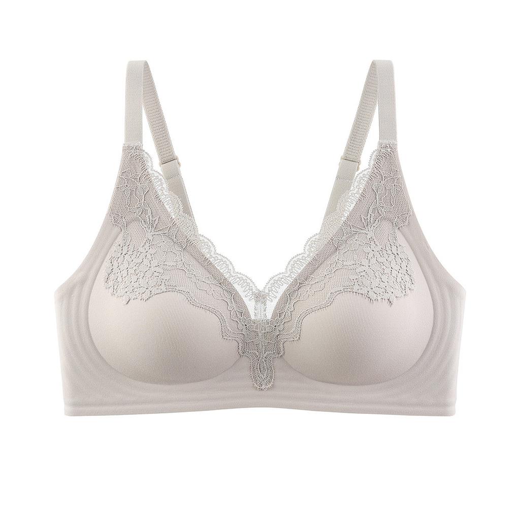 Light luxury deep V lace splicing nude jelly strip soft support close breast thin cup underwear women's seamless bra
