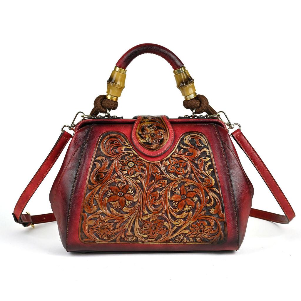 Johnature Luxury Handbag Vintage Handmade Leather Carved Women Bag Versatile Female Shoulder & Crossbody Bags