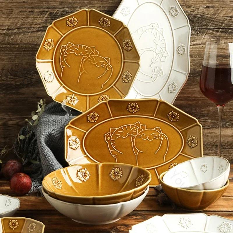 Retro Japanese Style Ceramic Plates Exquisite Relief Soup Bowls Delicious Dishes Dining Plate High End Household Tableware
