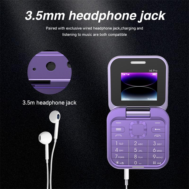 Ny i16 Pro Søt Flipblokk Mobiltelefon Doble SIM-kort 1,77" Skjerm Hurtigtaster Magisk Stemme Svarteliste Mini Boks Mobiltelefon 3,5 mm Jack