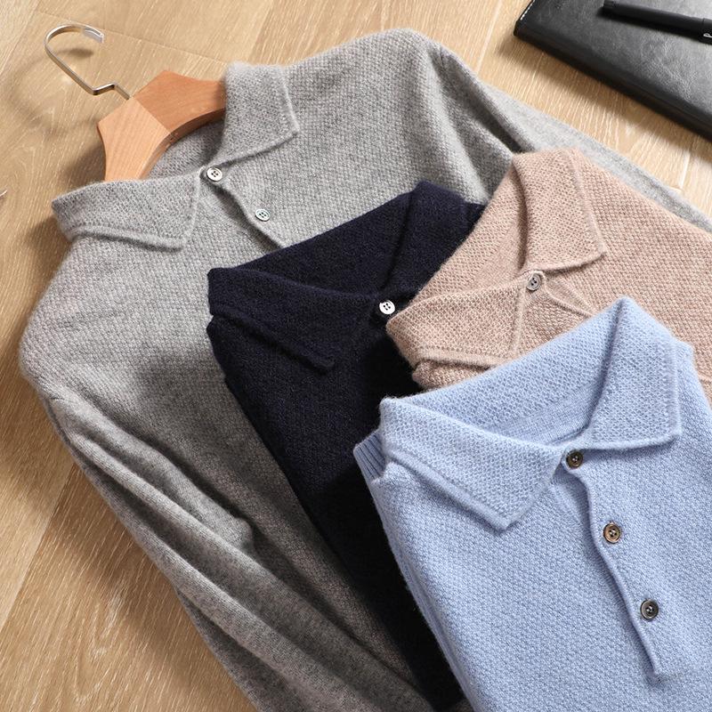 Men's Knitted Pure Wool Polo Shirt - Long-Sleeve Turn-Down Collar for Business Casual Wear