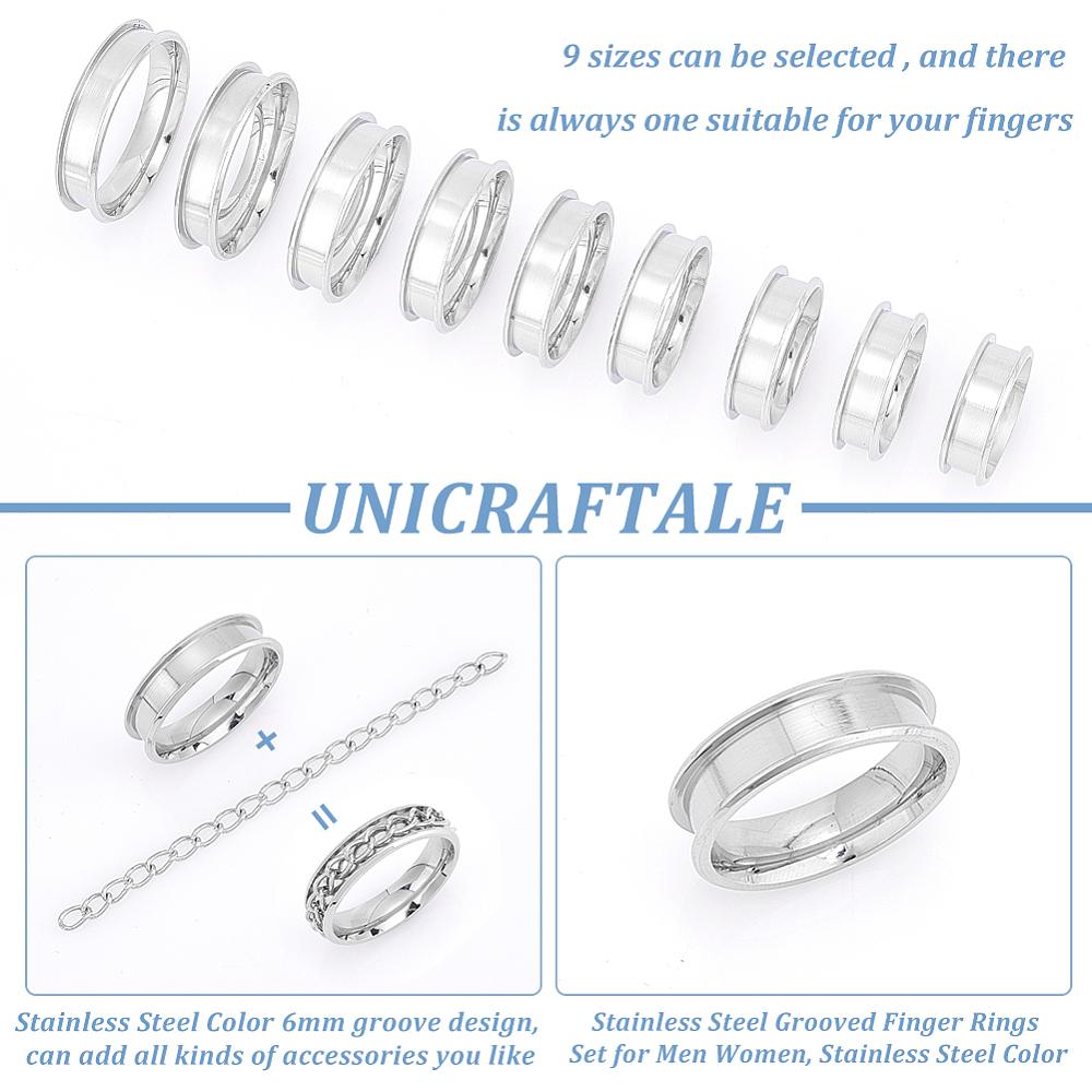 201 Stainless Steel Grooved Finger Rings Set for Men Women, Stainless Steel Color, Wide: 6mm, Inner Diameter: 16~22.2mm, 3Pcs/size, 9 Size, 27Pcs/box