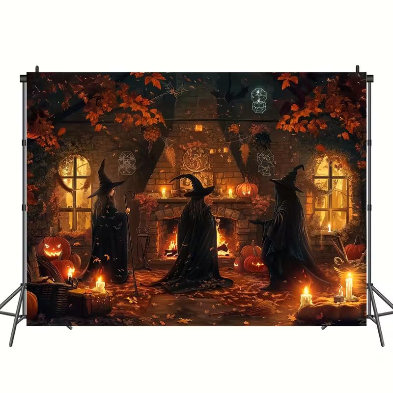 2D Halloween Witch Gathering Tapestry, Autumn Cottage Wall Hanging Background Cloth