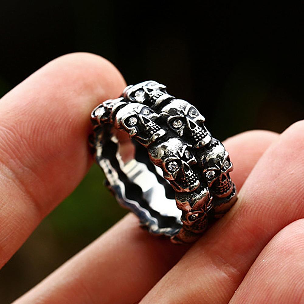 Vintage Punk Crystal Stone Skull Ring for Men Hiphop Rock Locomotive Stainless Steel Rings Party Jewelry Creative Gift Wholesale