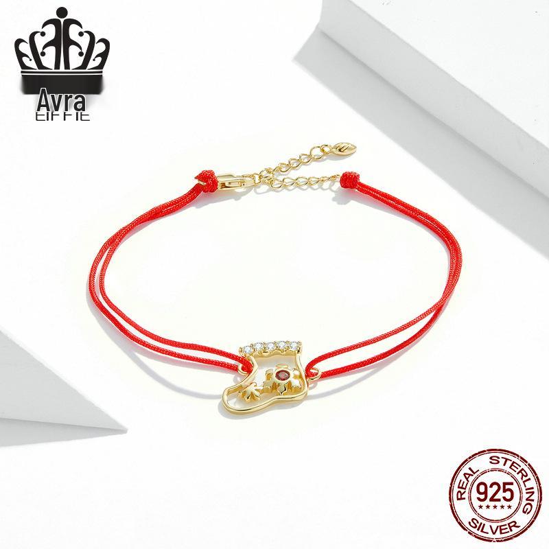 Everle Christmas Stocking Bracelet: Hand Rope Sterling Silver S925 with Gold Plated Zircon, Red Hollow Stocking Design