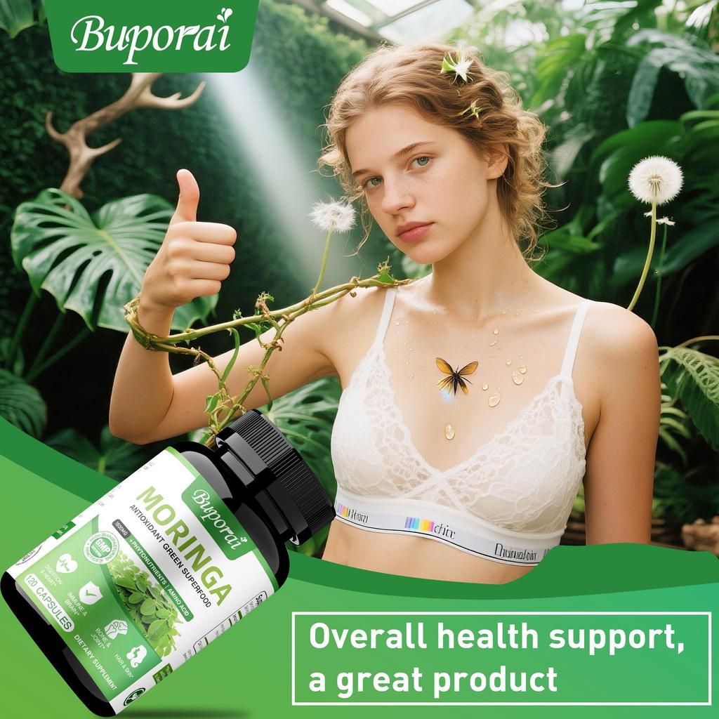 Cápsulas de folhas de moringa, 1000 mg por dose, antioxidante, melhora a saúde da pele e das articulações, adequado para adultos.