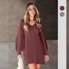 V-Ausschnitt Blusenärmel Kleid Damen Herbst und Winter Langarm Kurzrock Lässig Europäisch und Amerikanisch Strickpullover Rock
