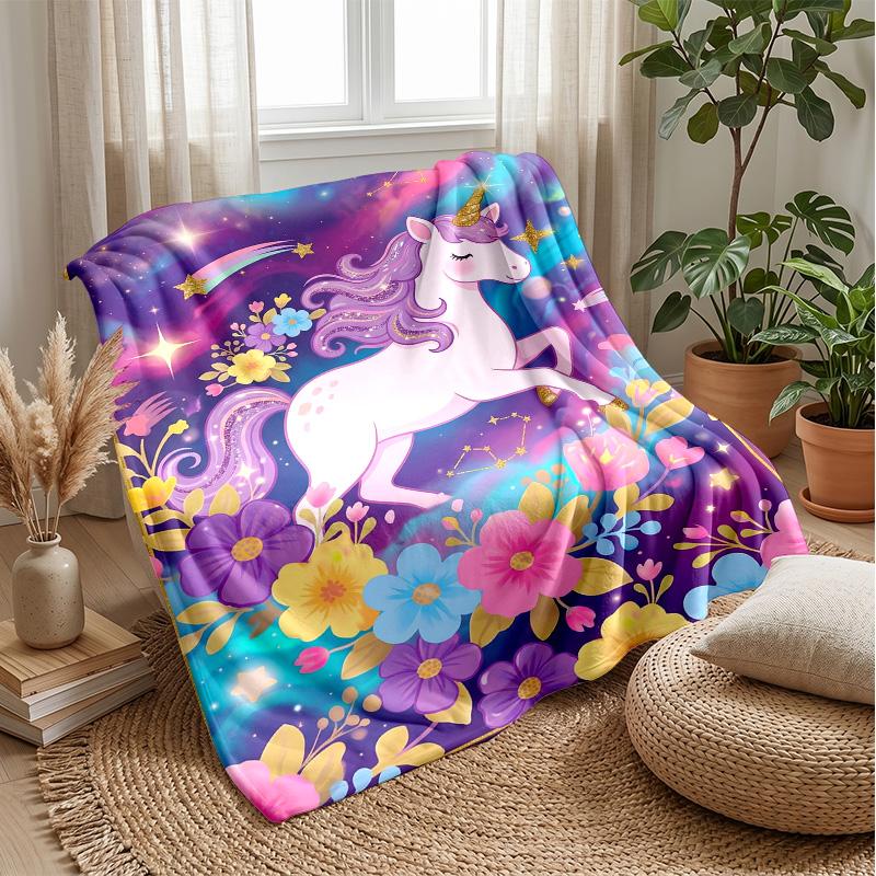 Fantasy Unicorn with Flowers Theme Blanket Lightweight Warm Flannel Blanket Decorative Throw Blanket for Home Decoration