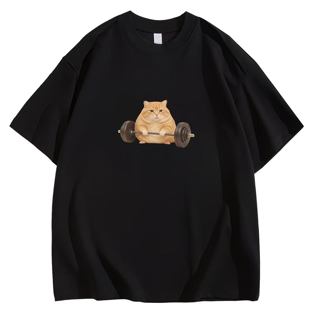 Strong Orange Cat Fitness TShirt Workout Gym Training Graphic Tee Summer Short Sleeve Casual Fashion Harajuku Style Girl Tops