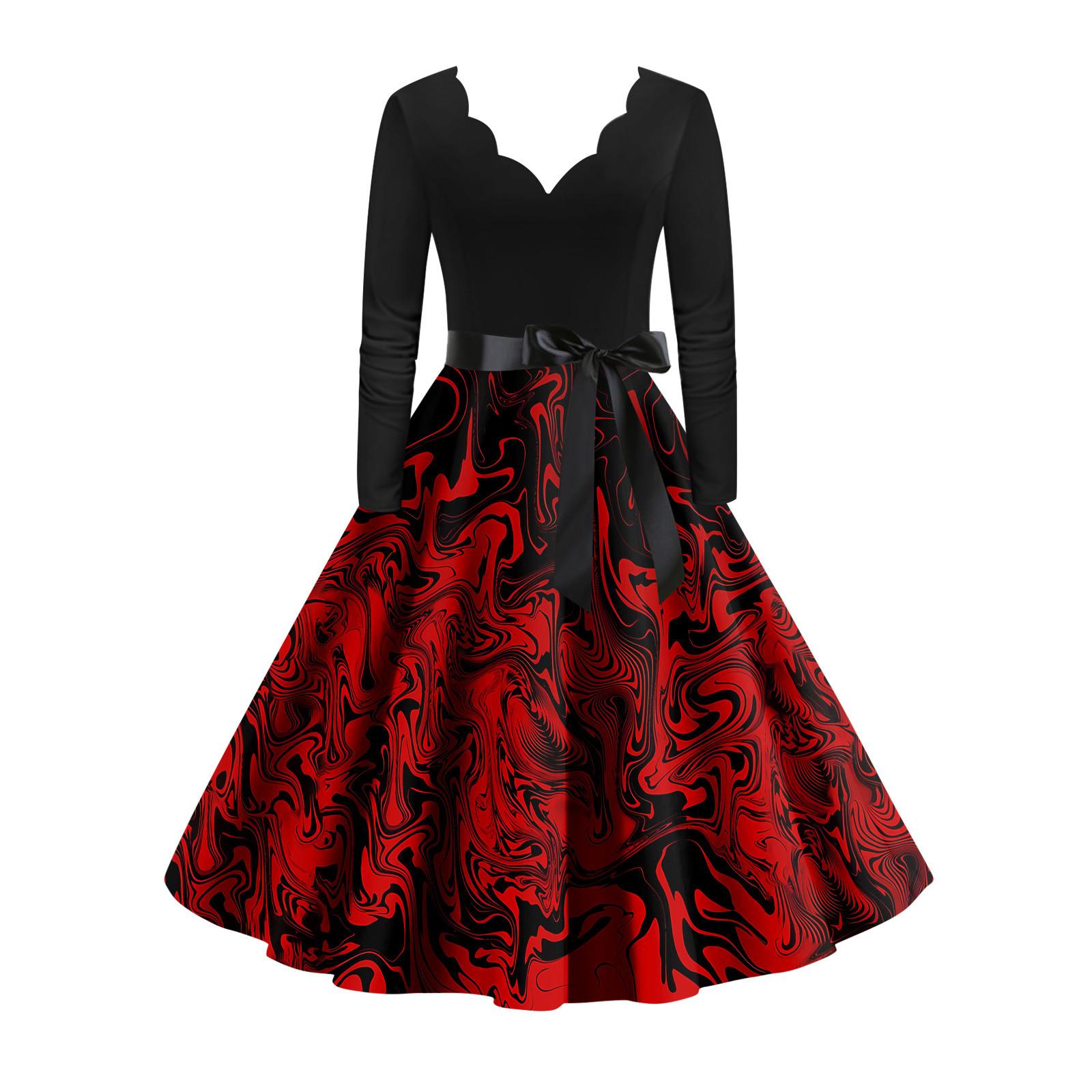 

Женское винтажное классическое платье с вырезом на талии и галстуком-бабочкой с длинными рукавами на Хэллоуин с принтом и V-образным вырезом, свободное платье XXL красный