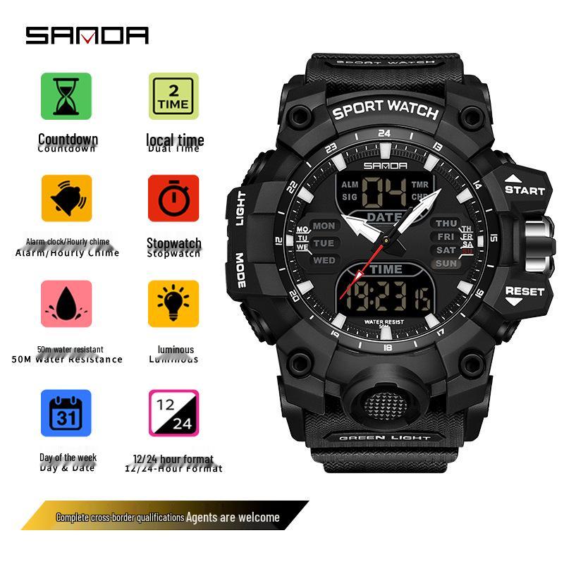 Sanda Multifunctional Waterproof Sports Watch for Outdoor and Student Use with Dual Display and Alarm Clock.