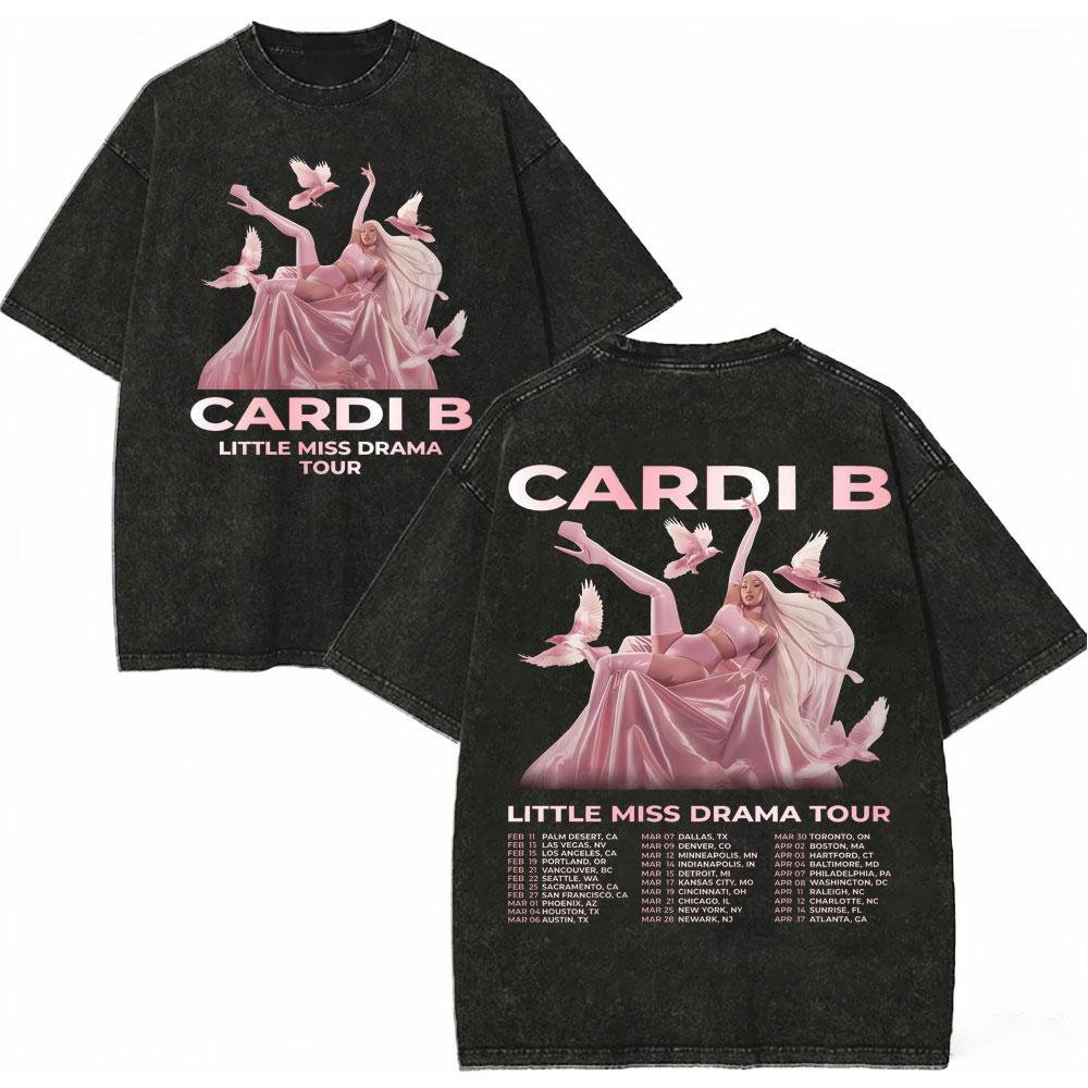 Vintage Washed Rapper Cardi B Graphic T Shirts Little Miss Drama Tour 2026 Tshirts Men Women Clothing Hip Hop Fashion Tshirt