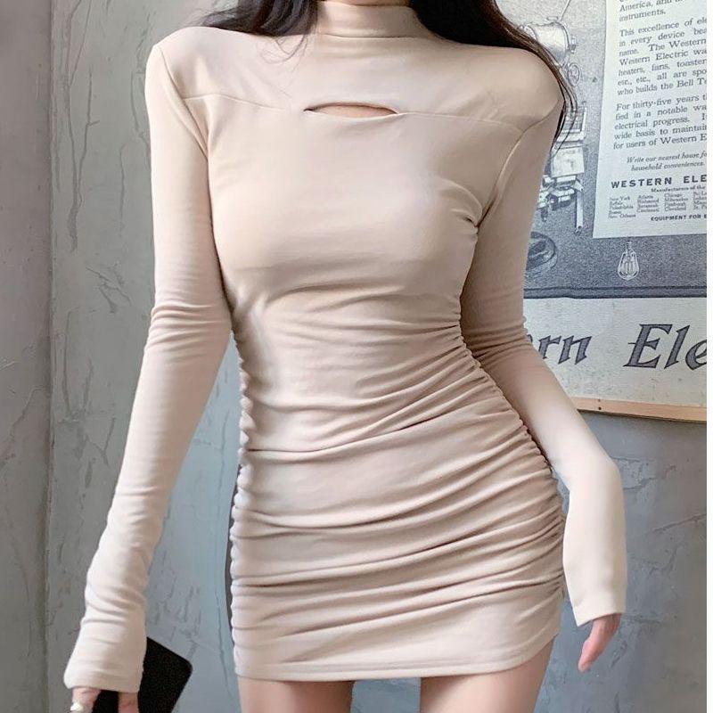 French Sexy Spicy Girl Hollow-out Half-high Neck Long-sleeve Dress, Women's Spring New Slimming Pencil Short Skirt