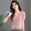 SNOWFLYING Women's V-Neck Color-Block Lyocell Silk Blend Knit Tee