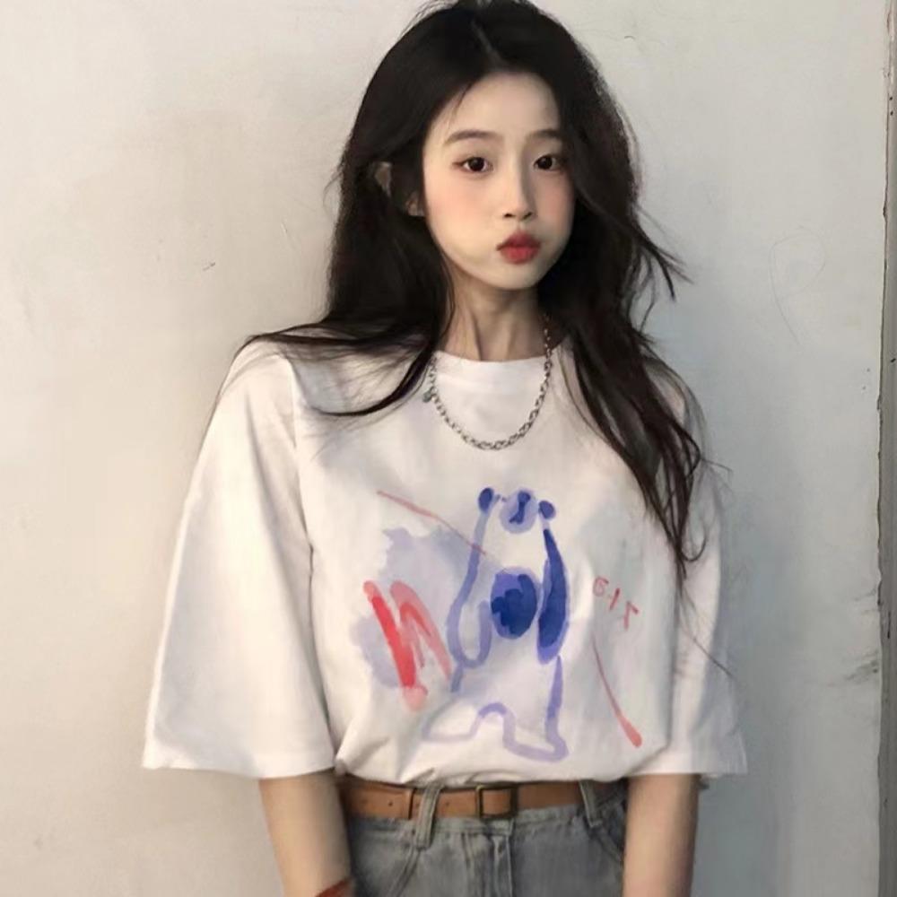Women's Summer Drop Shoulder Loose T-Shirt, Korean-Style Short-Sleeve Stylish Top, Comfortable and Breathable