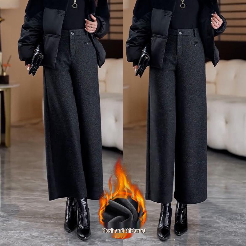 Women's Woolen Wide-Leg High-Waist Pants with Velvet, Autumn/Winter 2025 - Thick, Loose, Straight Leg Design for Small Heights