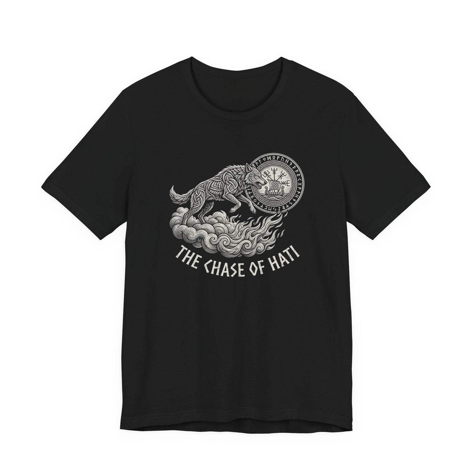 The Chase of Hati Norse Mythology T-Shirt | Viking Wolf Graphic Tee S