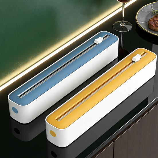 Wall Mounted Wrap Holder Plastic Dispenser with Slider Cutter, No-Drill Mount Magnetic Cutter Tool Cling Film Refillable Food for Kitchen Universal