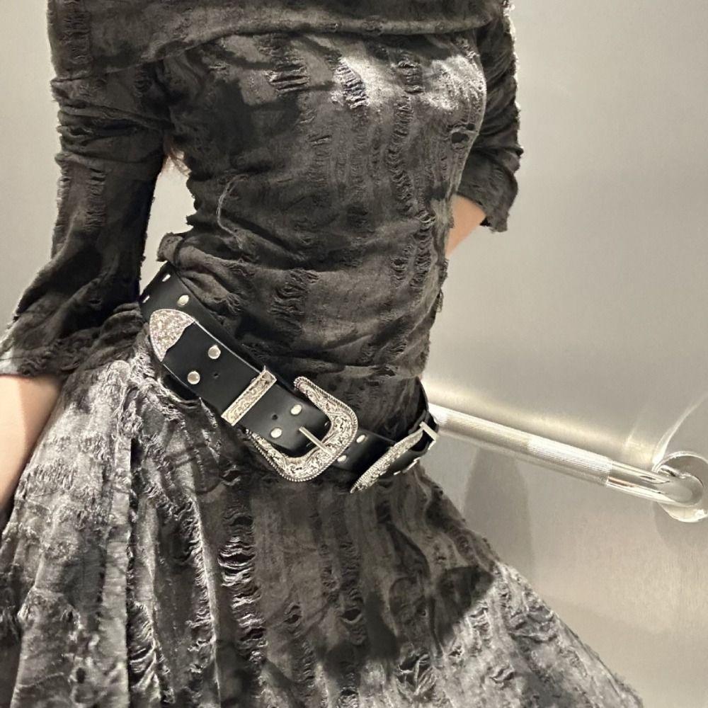 Vintage Women's Rivet Belt Y2k Dress Jeans Belt Niche Leather Waist Belt  Spicy Girls