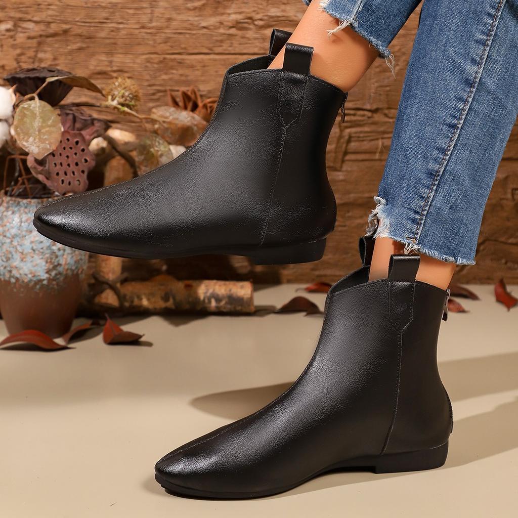 Winter Skinny Chelsea Boots Large Size Flat Bottom Retro Rear Zipper Martin Boots Women