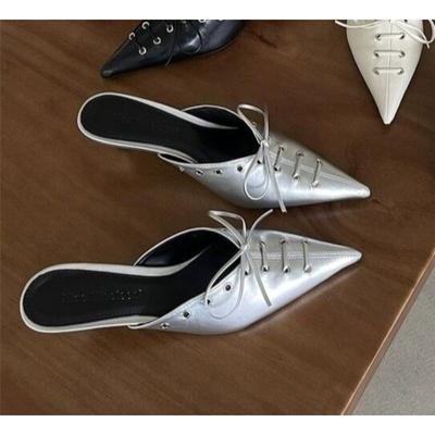 Mode à lacets pompes diapositives femmes talons moyens Mules chaussures nouvelle femme bout pointu chaussures 4cm talons dames chaussures peu profondes