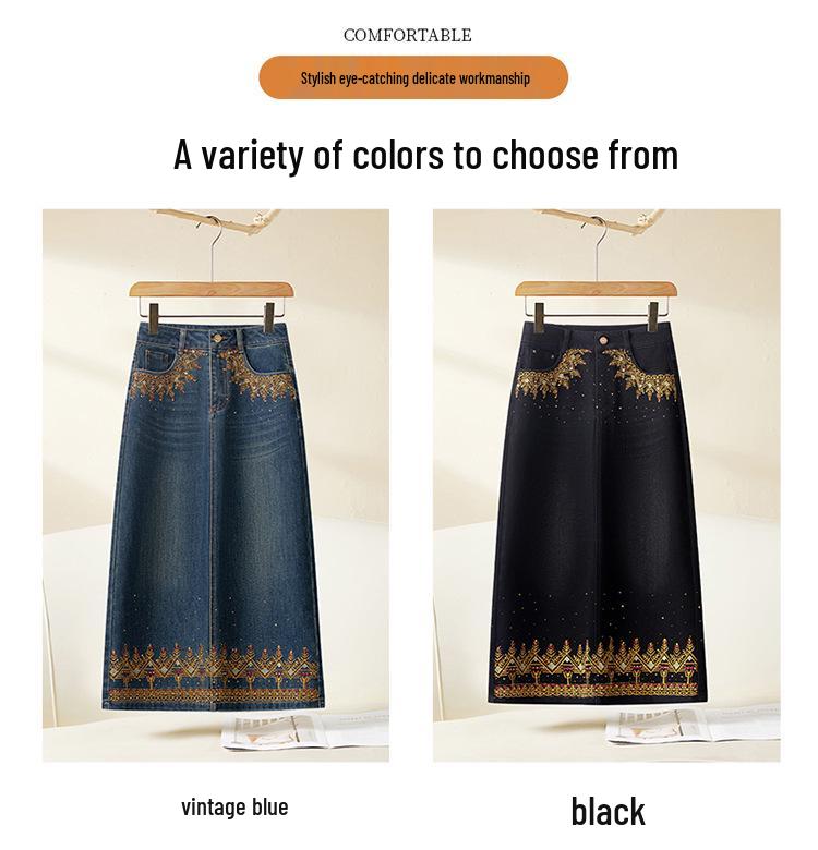 25 Spring/Autumn Women's High-Waist Denim Skirt with Colorful Embroidered Edge and Slit